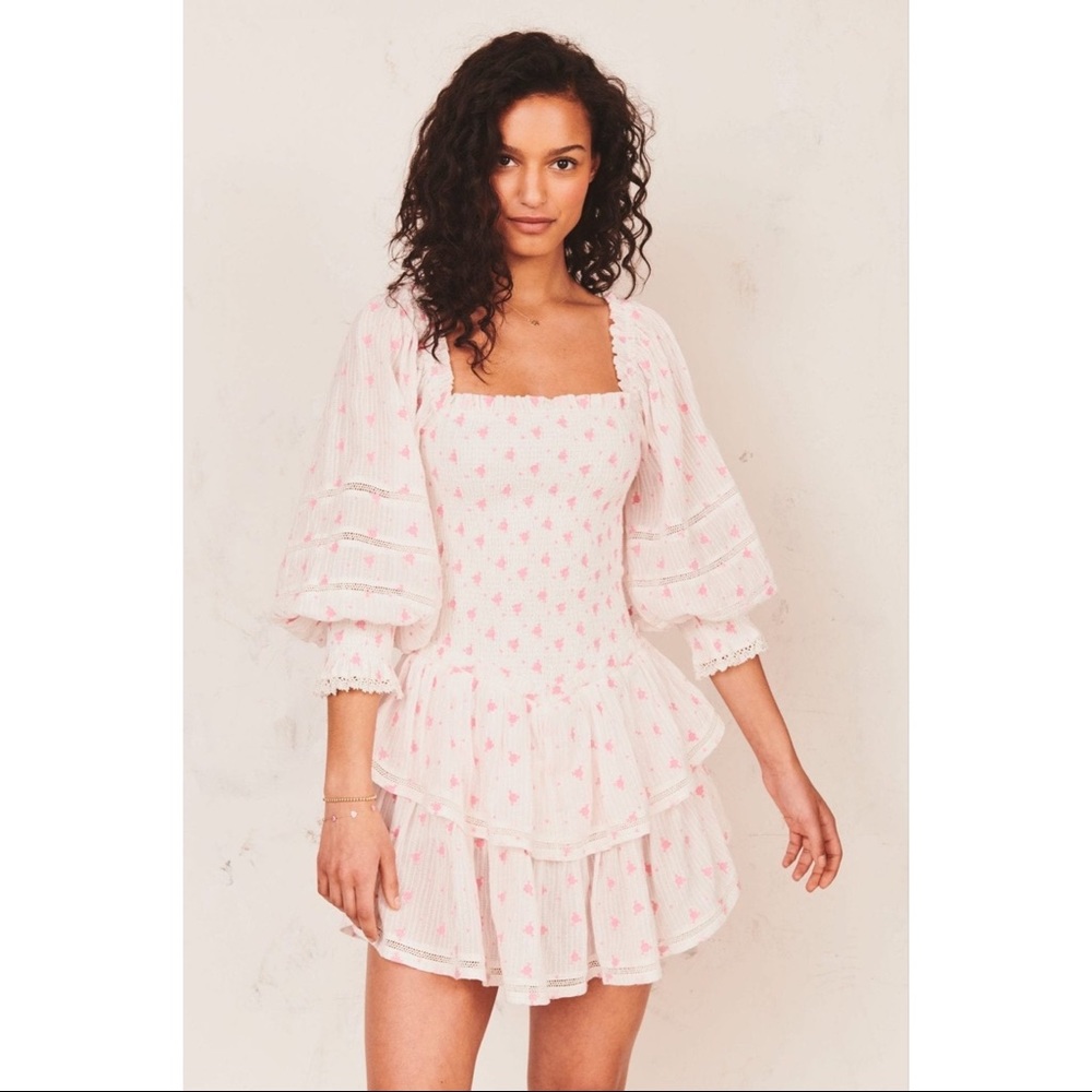 Loveshackfancy Raelynn Dress - White and Pebble Pink- Medium